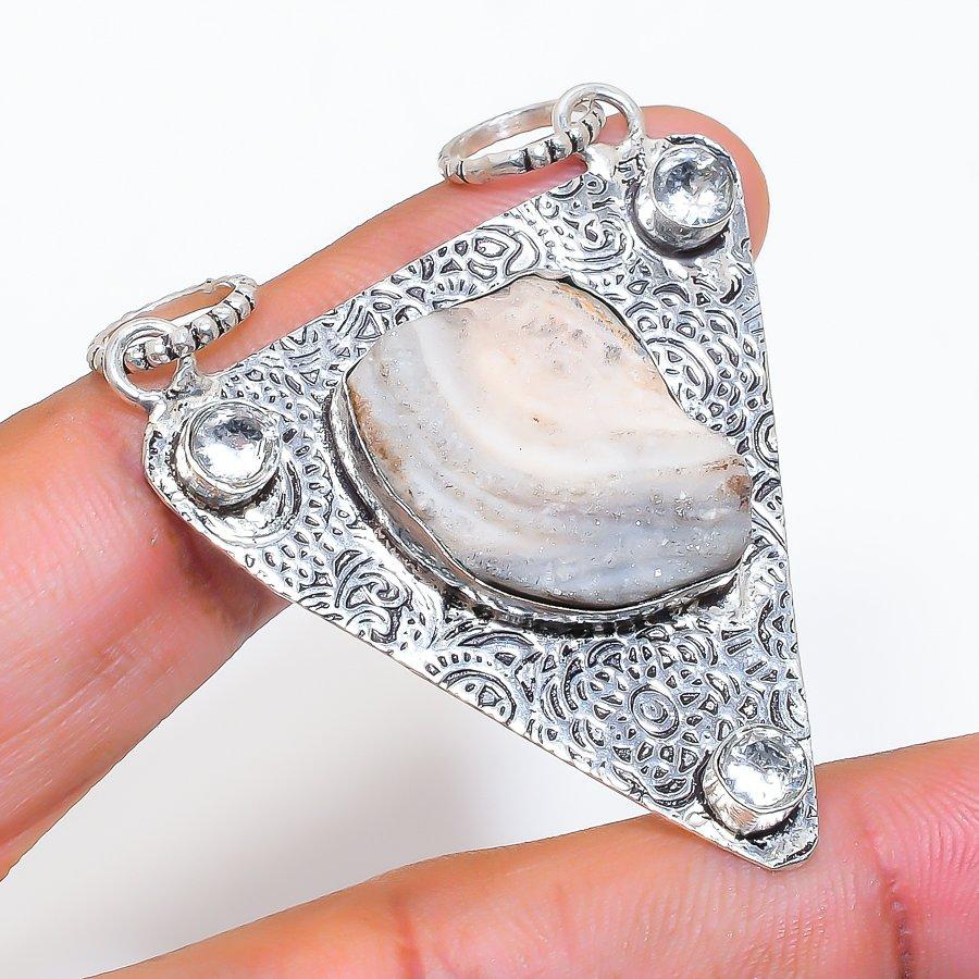 Natural Desert Rose Druzy, Topaz 925 Sterling Silver Jewelry Pendant 2.29" ZS-375