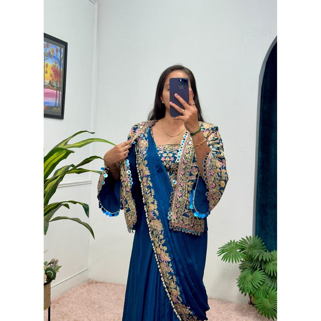 Bollywood Designer Ethnic Saree Blouse with Koti Women Wedding Party Wear Sari