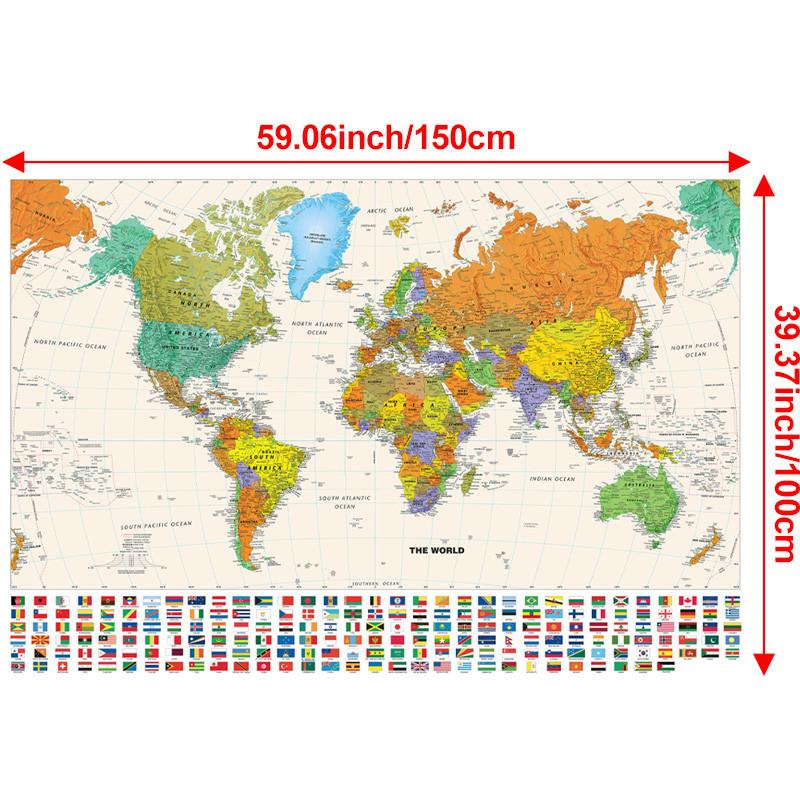World Map-Countries with Cities,Unframed World Map,Wall Decor for Living Room,Bedroom,Home,Office,Modern Art,Travel Tool