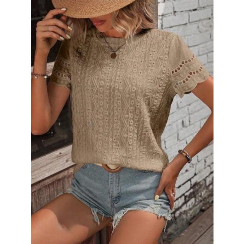 DAFIFY Women's Fashion Casual Summer Spring Solid Color Print Short Sleeve O-Neck Blouses & Shirts