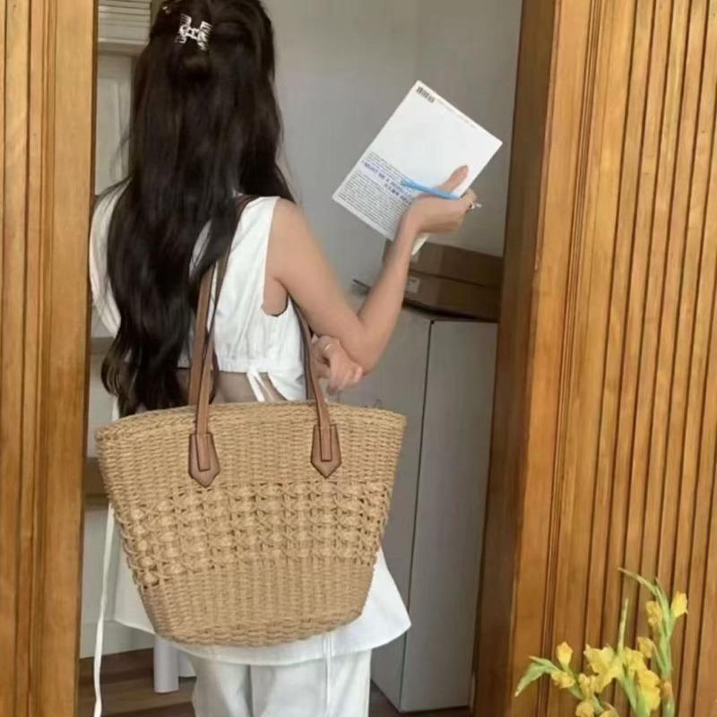 1pcs Hollow Woven Women's Shoulder Bag Commuter Handbag Beach Vacation Handbag Reusable Shopping Grocery Bag