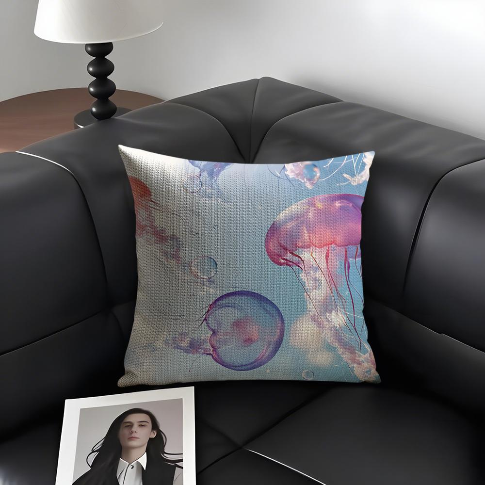 Jellyfish Fashion Cushion Cover Natural Linen Organic Fabric DoubleSided Printing Sofa Home Decor Gift Pillow Case