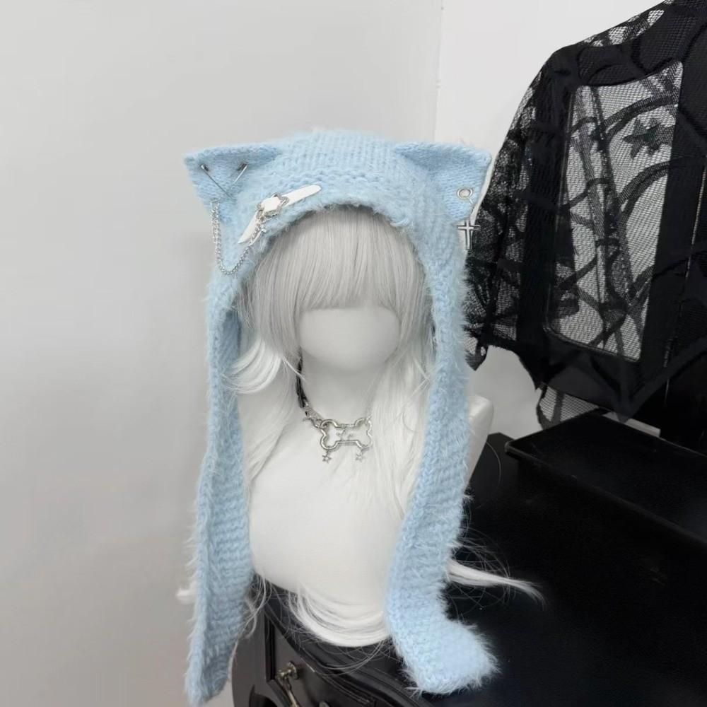 New Harajuku Japanese Cat Ear Hat with Scarf Cross Chain Leather Women Y2K Punk Knitted Caps Buckle Warm Ear Flap Hat