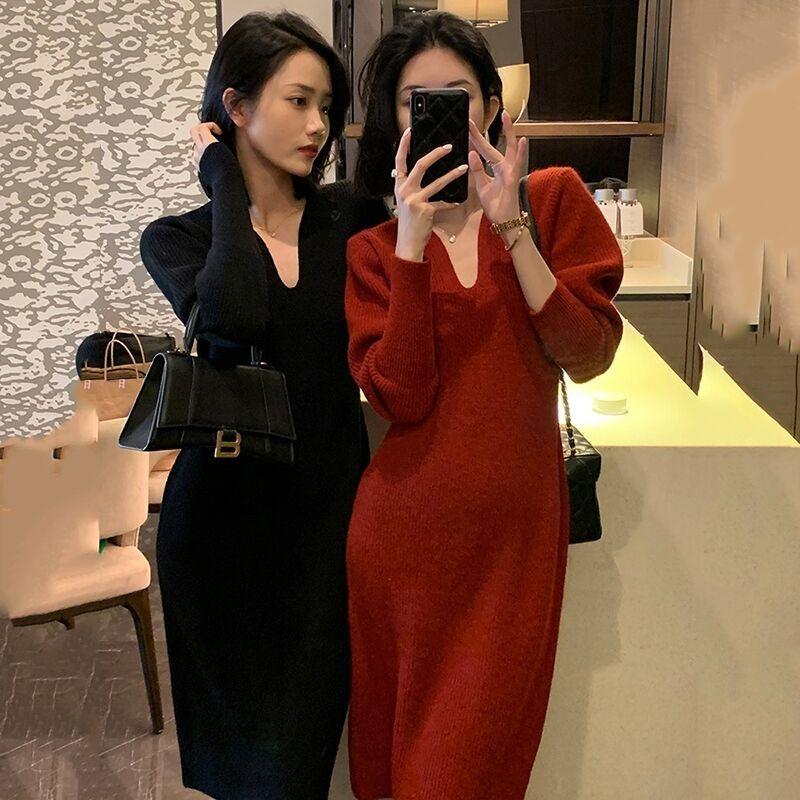 Light luxury advanced sense Royal sister light mature temperament Muse Fan knitted red backing dress women's winter