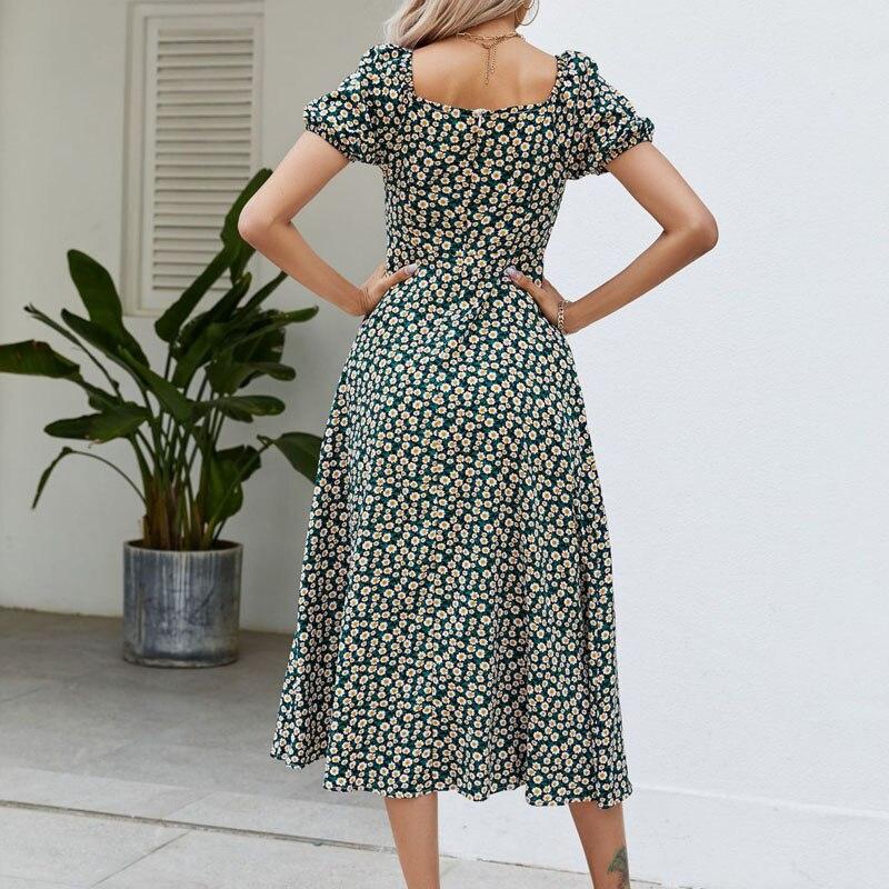 Lässiges Sommerkleid mit quadratischem Ausschnitt und A-Linie, Puffärmel, grünes Printkleid, elegante Kleider mit Blumenmuster und hoher Taille, Damenbekleidung 25278