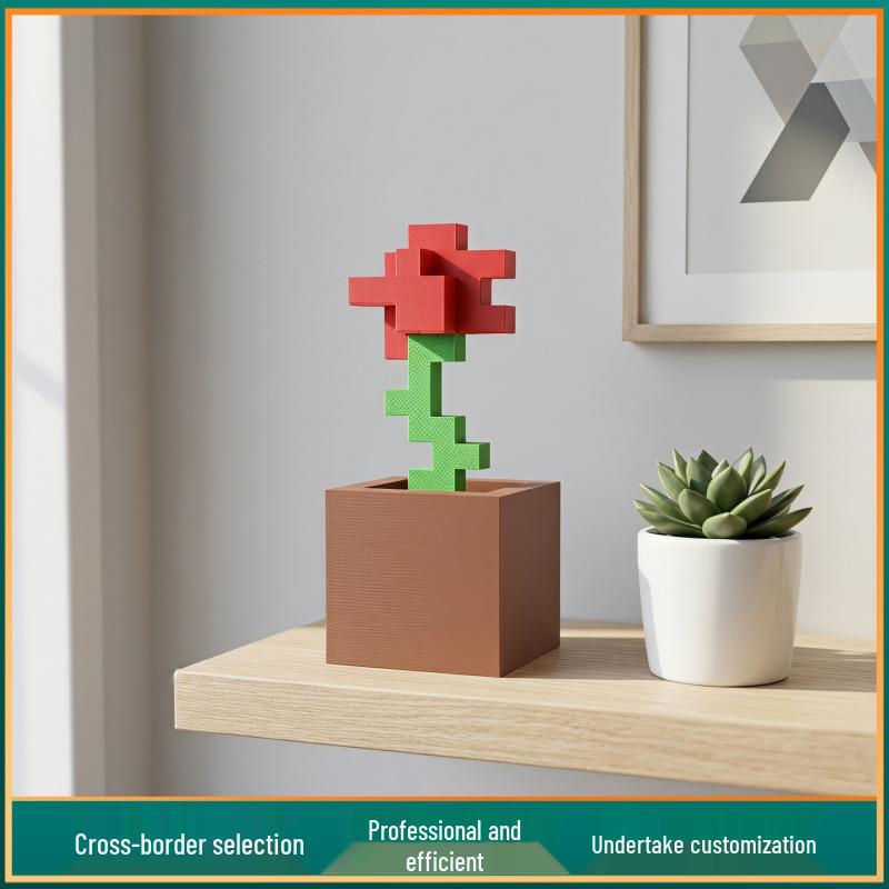 3D Printed Minecraft Pixel Flower Pot - Tulip & Red Rose Design