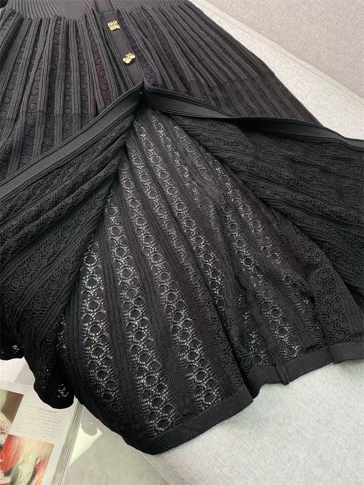 French S Elegant Summer 2024 Short-Sleeve Lapel Waist-Slimming Hollow Knit Dress for Women