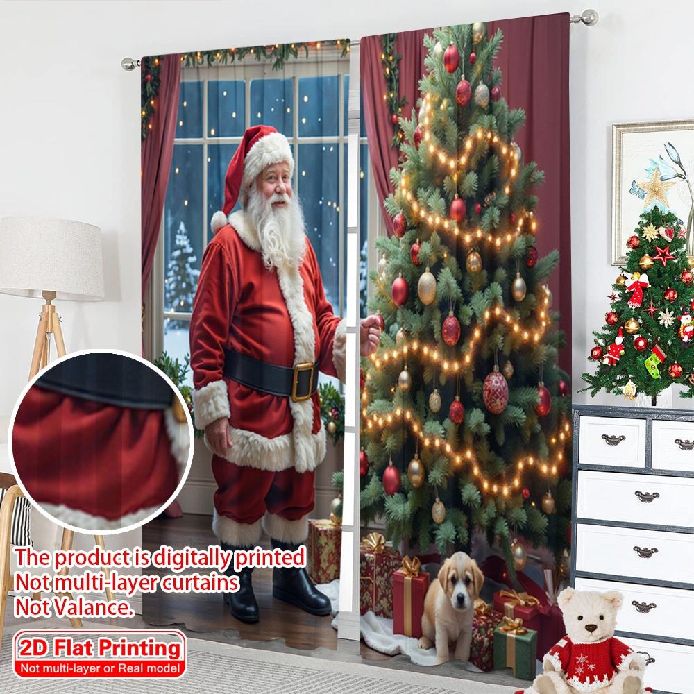 2pcs 2D Flat Printing Merry Christmas Window Drapes Santa Claus Christmas Snow Dog Polyester Without Electricity Birthday Party