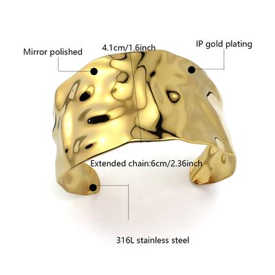 2025 New Arrival Punk Concave Textured Face Irregular Shape Wide Chunky 18 K Gold Plated Stainless Steel Adjustable Bangle