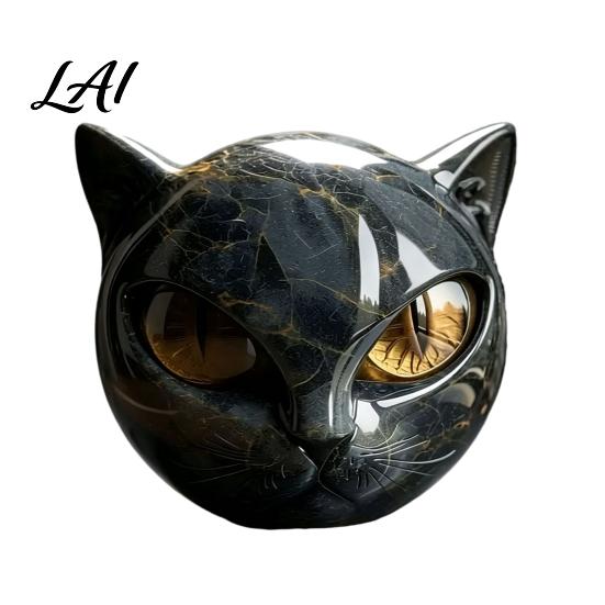 Retro Dark Home Accents Spherical Black Cat Head Ornament Resin Gothic Style Sculpture with Colorful Spooky Shelf Decoration Eyes for Halloween
