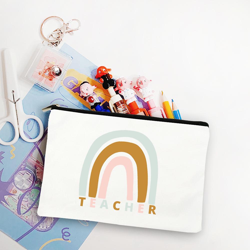 Blessed Teacher Life Leopard Makeup Bags Student White Pencil Pouch Teacher Shopping Handbag Storage Bag Teachers' Day Best Gift