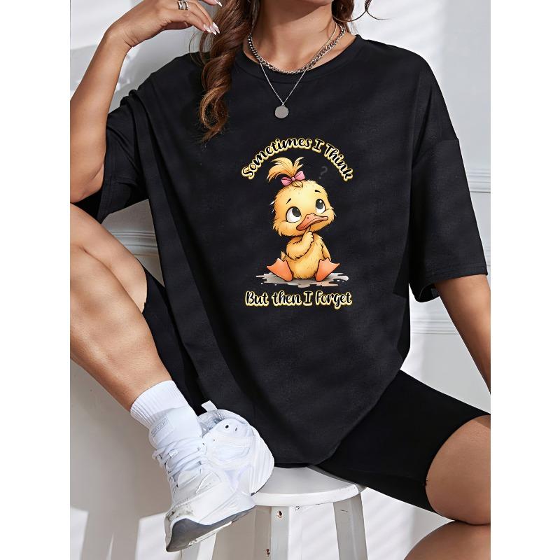 Cute Duck Print T-Shirt White Cartoon Duck With Text Sometimes I Think But Then I Forget Casual Summer Top For Women