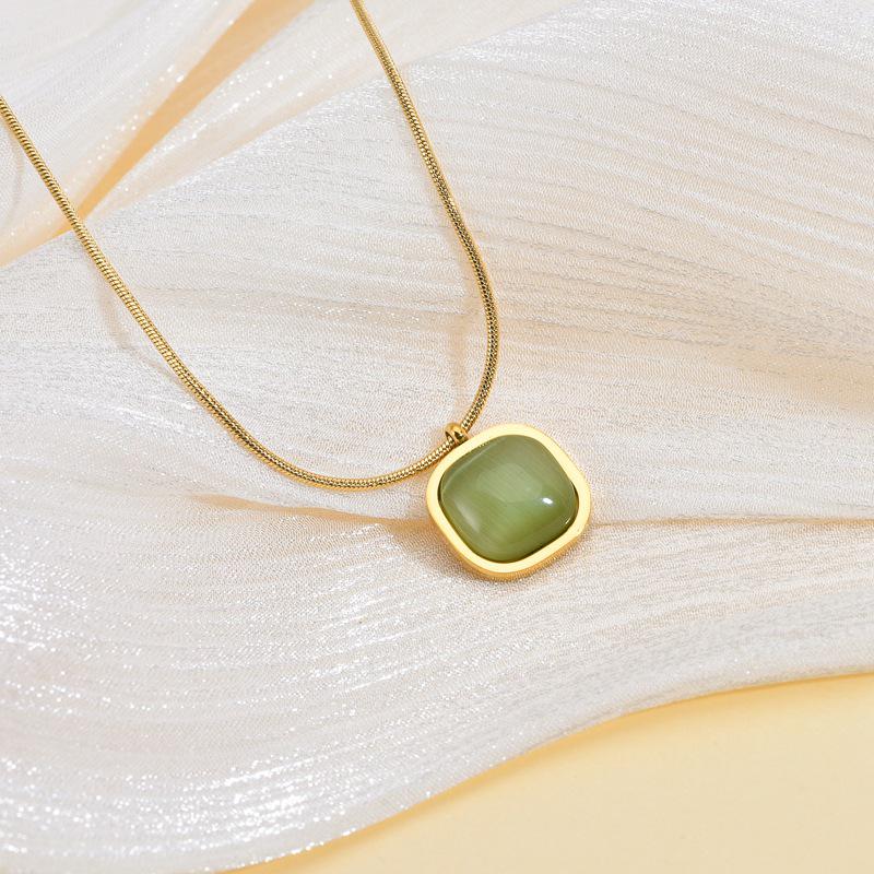 Bohemian Style Titanium Steel Green Square Pendant Necklace for Women