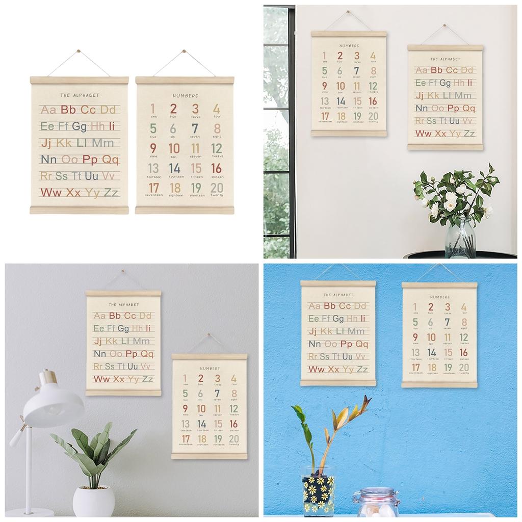 2Pcs Alphabets and Number Learning Wall Hanging Decors Set Wood Frame Nursery Poster Hangers Frame Set for Toddlers