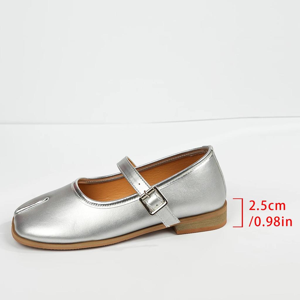 Silver Tabi Ninja Mary Janes Ballet Shoes Women Buckle Plus Size 35-42 Leather Split Toe Flats Shallow Loafers Summer Pumps