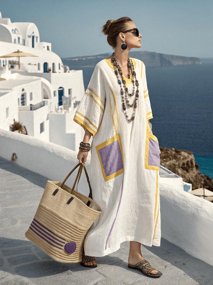 3D digital printing V-neck five-quarter sleeve long pocket Kaftan dress