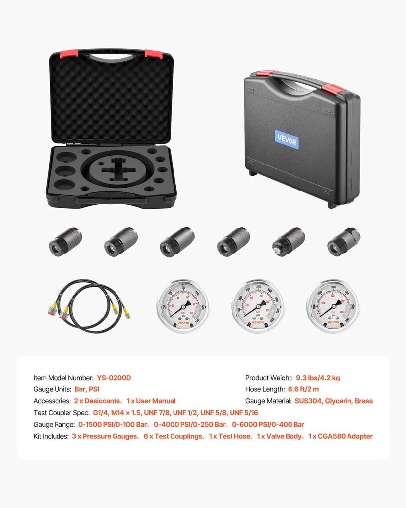 Hydraulic Nitrogen Accumulator Charging Kit, All-in-One Nitrogen Fill Kit, Pressure Test System with 3 Gauges (100, 250, 400 Bar), 6 Adapters