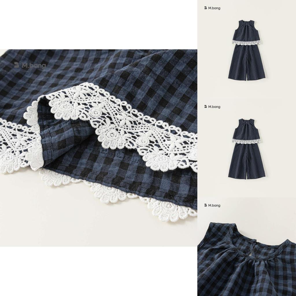 Kid Summer Sleeveless Top And Pants Set With Checkered Pattern And Lace Design For Kids Ages 8 And Up