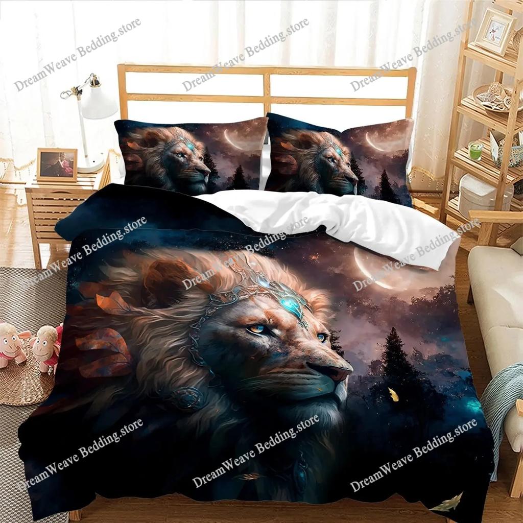 Lion Duvet Cover Set Safari Bedding Set Wildlife Hunting Polyester Double Queen King Size Quilt Cover for Kids Teens 3D Print