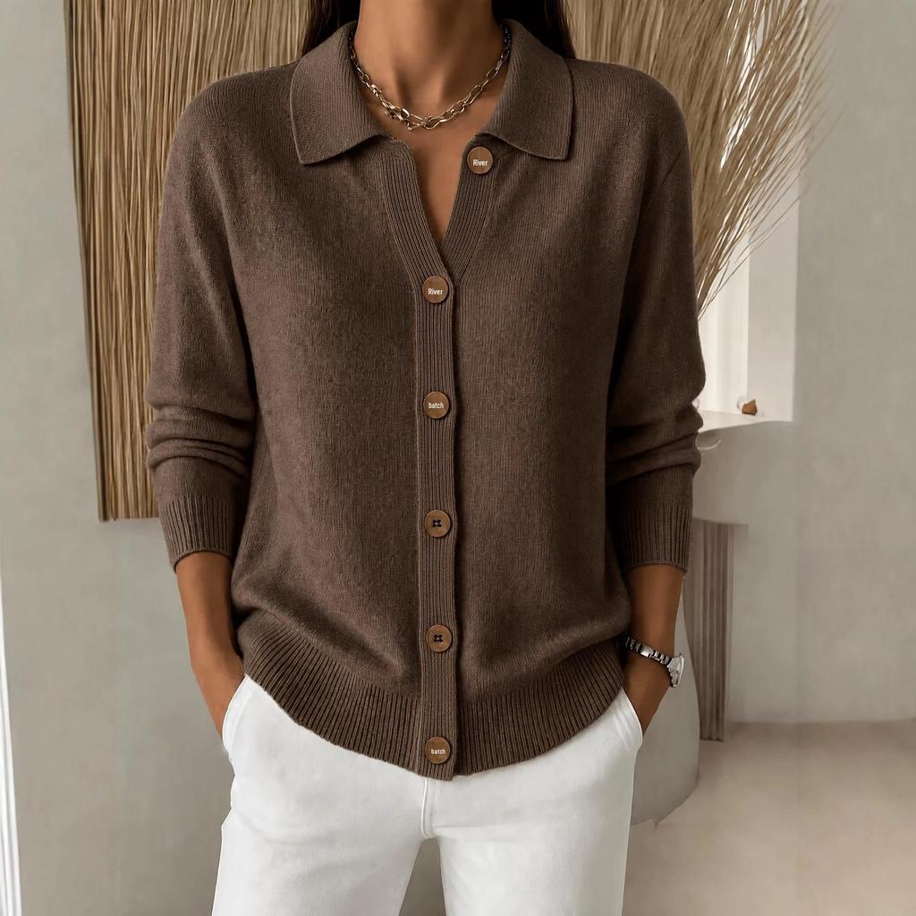 Damen Knopfleisten-Strickjacke mit Kragen für Herbst/Winter