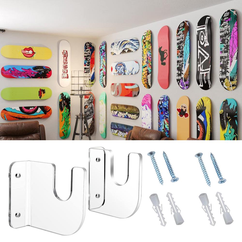 1 Pairs Skateboard Fixed Mount Acrylic Skate Board Wall Holder Decoration Easy Install Non-slip for Bedroom Store Office