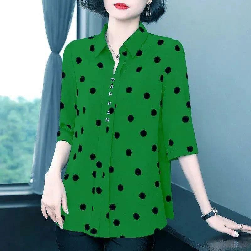 Women's Spring Autumn Thin Section Four Season Collection Plus Size Polka Dot Shirt Lapel Button Section Medium Sleeved Sunscreen Blouse