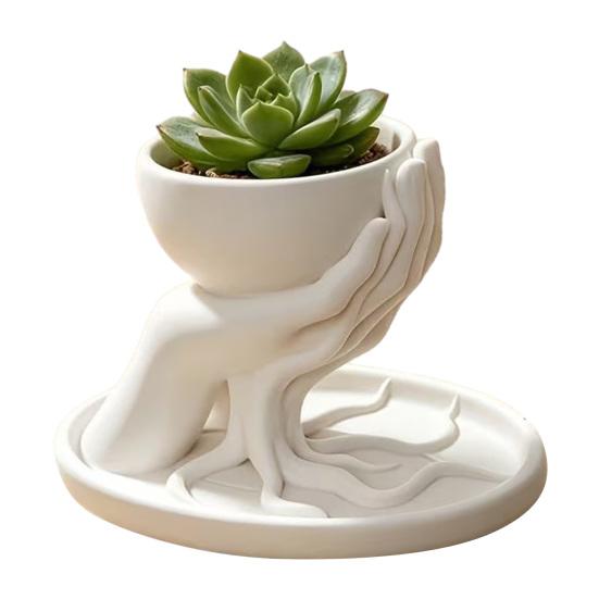 Palm Shape Succulent Planter 3D Printed Shaped with Drainage Tray, Holding Natural Literary Style Tabletop Decor Mini Flower Pot, Small Desktop Plant
