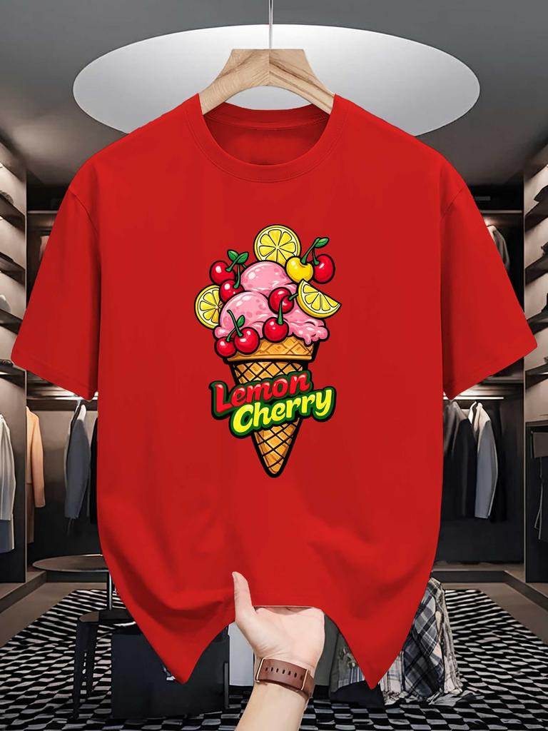 Unisex Summer Short Sleeve Crew Neck Tee Cartoon Lemon Cherry Ice Cream Print Casual Loose Fashion Streetwear Daily Basic Top