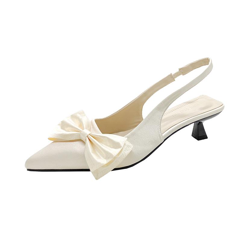 Low heel pointed head thin heel high heels women's bow temperament empty single shoes 2025 spring and summer bag head sandals women