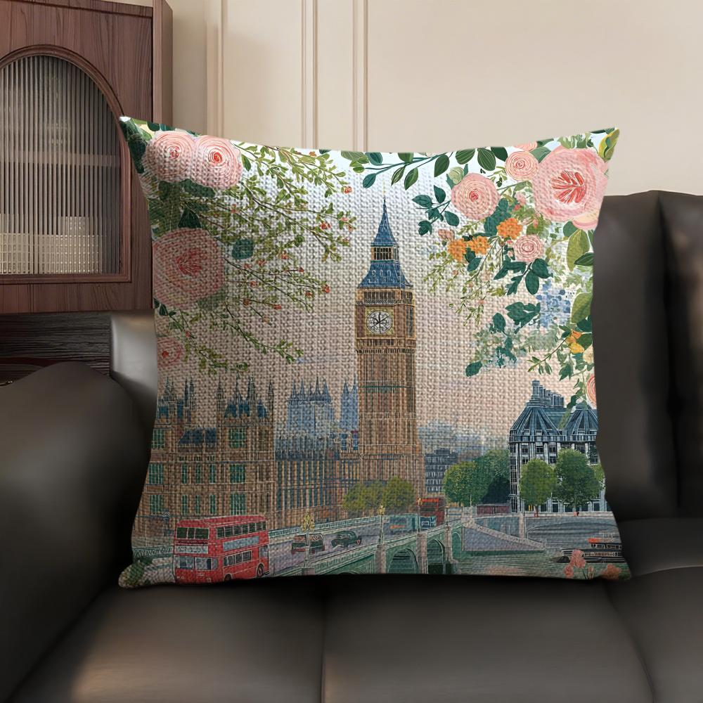 London Fashion Cushion Cover Natural Linen Organic Fabric Double-Sided Printing Sofa Home Decor Gift Pillow Case