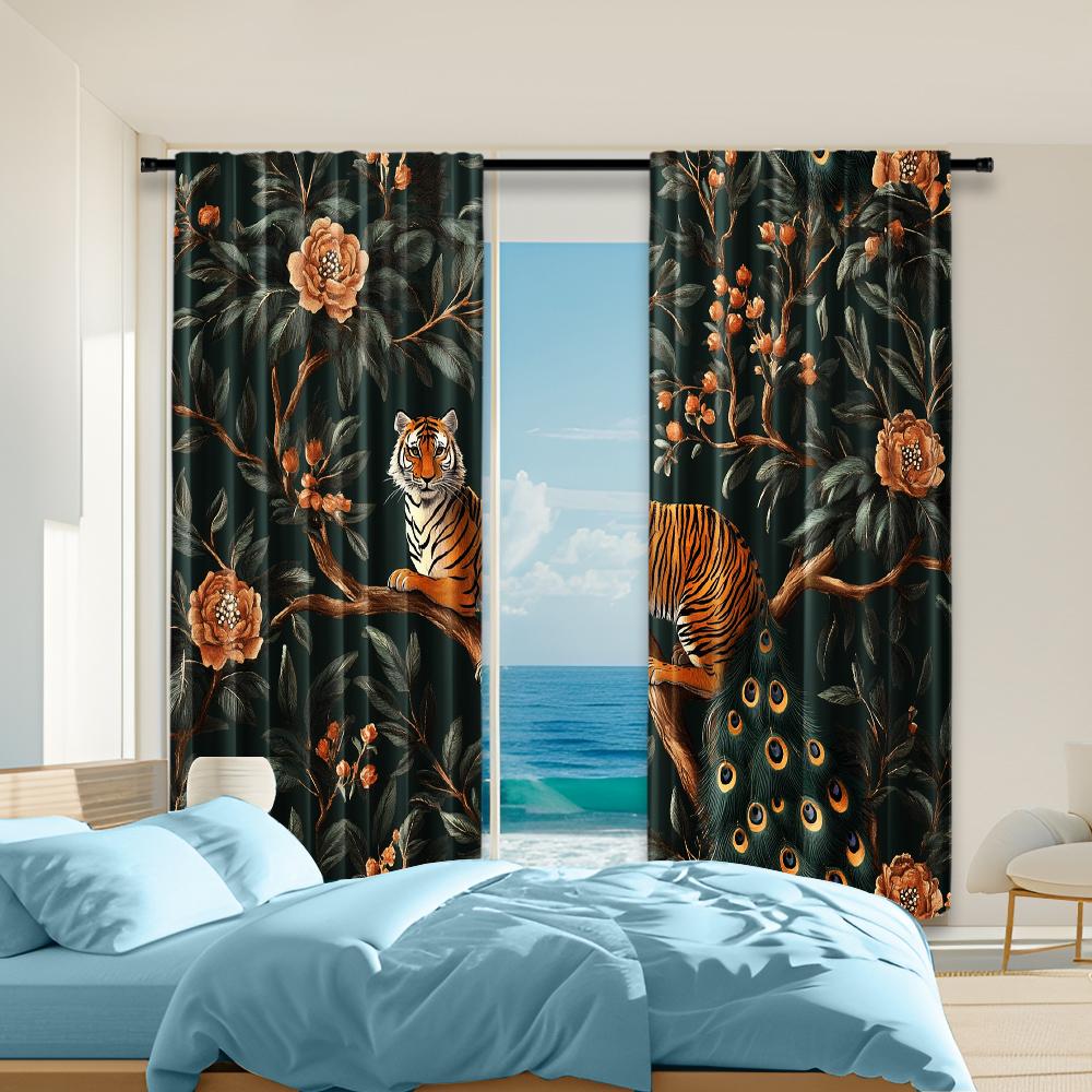 

2 pcs, versatile polyester transparent curtains for home decoration Tiger and Peacock for use in bedrooms and living rooms 29x65in(75x166cm)