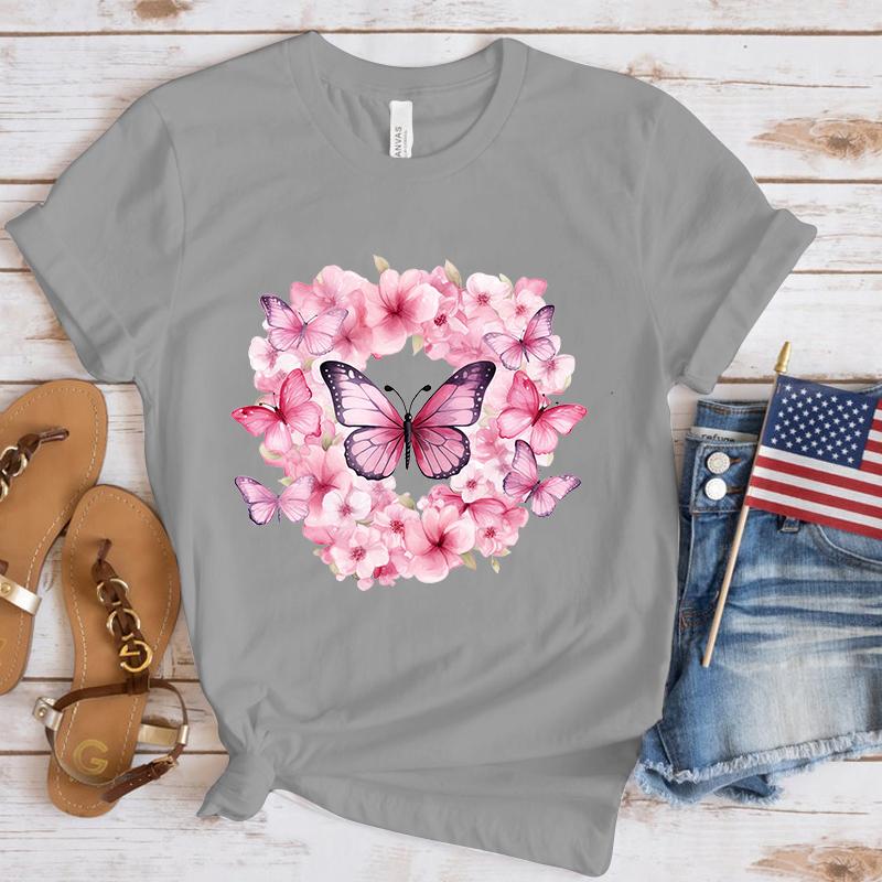New Breast Cancer Awareness Flowers Butterfly Print T Shirt Women Men Short Sleeve Tops Tees Summer Fashion Loose Casual T-Shirt