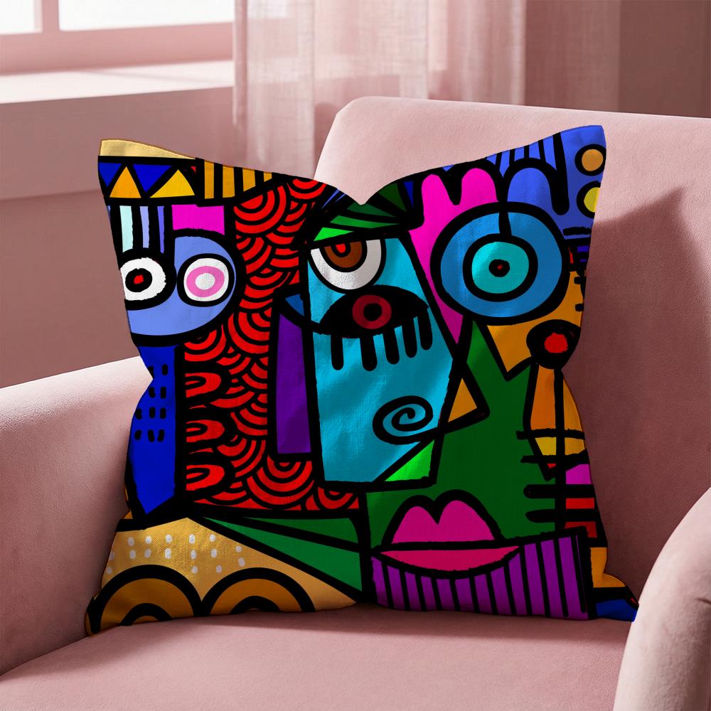 Colorful Abstract Faces Cushion Cover Multi-Scene Pillow Cover for Home & Car - Reversible, Soft & Durable for Daily Use