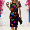 Women Plus Size Round Neck Short Sleeve Red Rose Printed White Fitted Dress