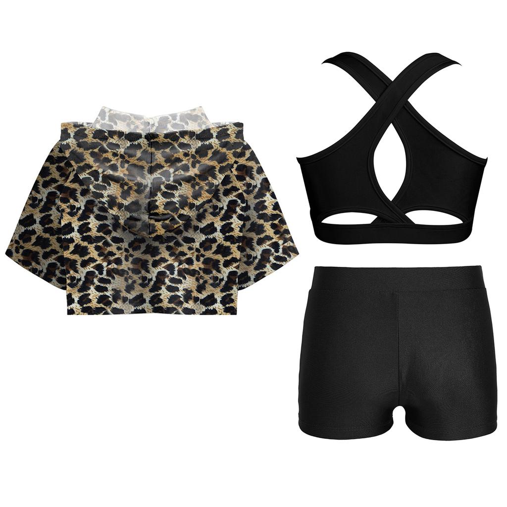 Kid Girls 3 Pieces Dance Outfit Gymnastics Hooded Crop Top Sleeveless Camisole and Shorts Set Tracksuit