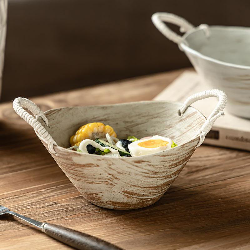 Old-Fashioned Ceramic Binaural Bowl, Retro Braided Rope, Hand-Held Bowl, Tableware Bowl, Restaurant, Japanese Salad Bowl, Household Bowl.
