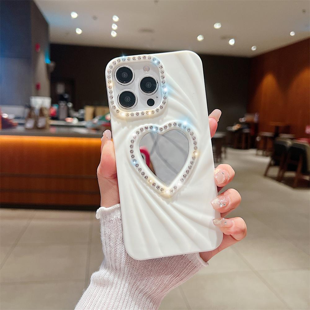 Fashion Women Girls Phone Case For iPhone 16E 16 Pro Max 7 8 X XR XS 11 12 13 14 15 Plus Heart Makeup Mirror Glitter Frame Cover