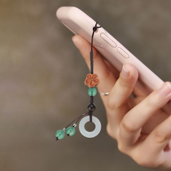 Flower Mobile Phone Charm Braided Cell Phone Strap with Wooden Flower Charm And Faux Jade Ring Chinese Style Phone Lanyard