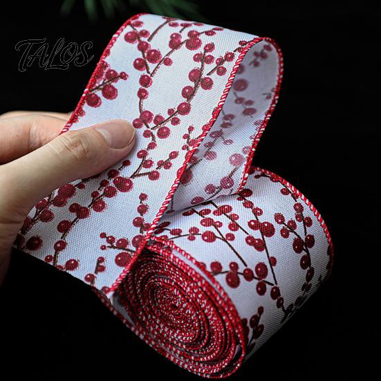 Red Berry Print Fabric Ribbon Christmas Ribbon, 2.2 Yards Imitation Linen 2.5 Inch Wide Holiday Theme Gift Box Packaging for DIY Wreath Bows