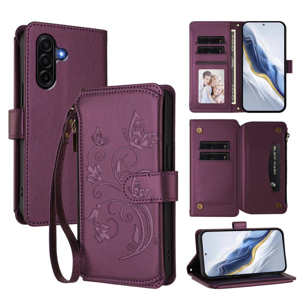 For Samsung Galaxy A57 5G Leather Case Butterfly Floral Imprint Zipper Wallet Stand Cover with Wrist Strap