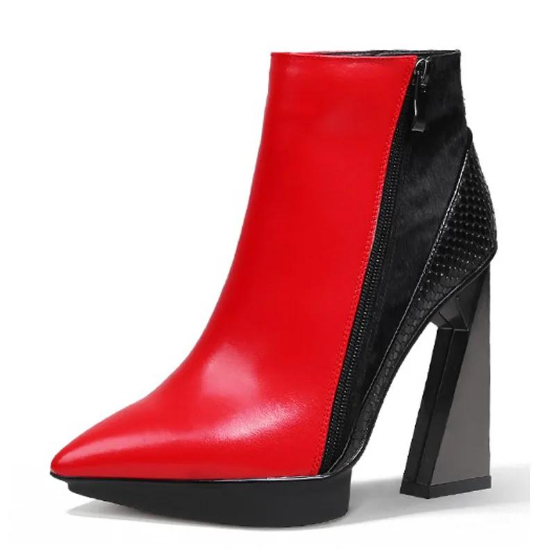 Fashion Brand Runway Style Mixed Color Banquet Cowhide Short Boots Sexy Pointed Waterproof Platform Irregular High Heels Ankle Boots 40