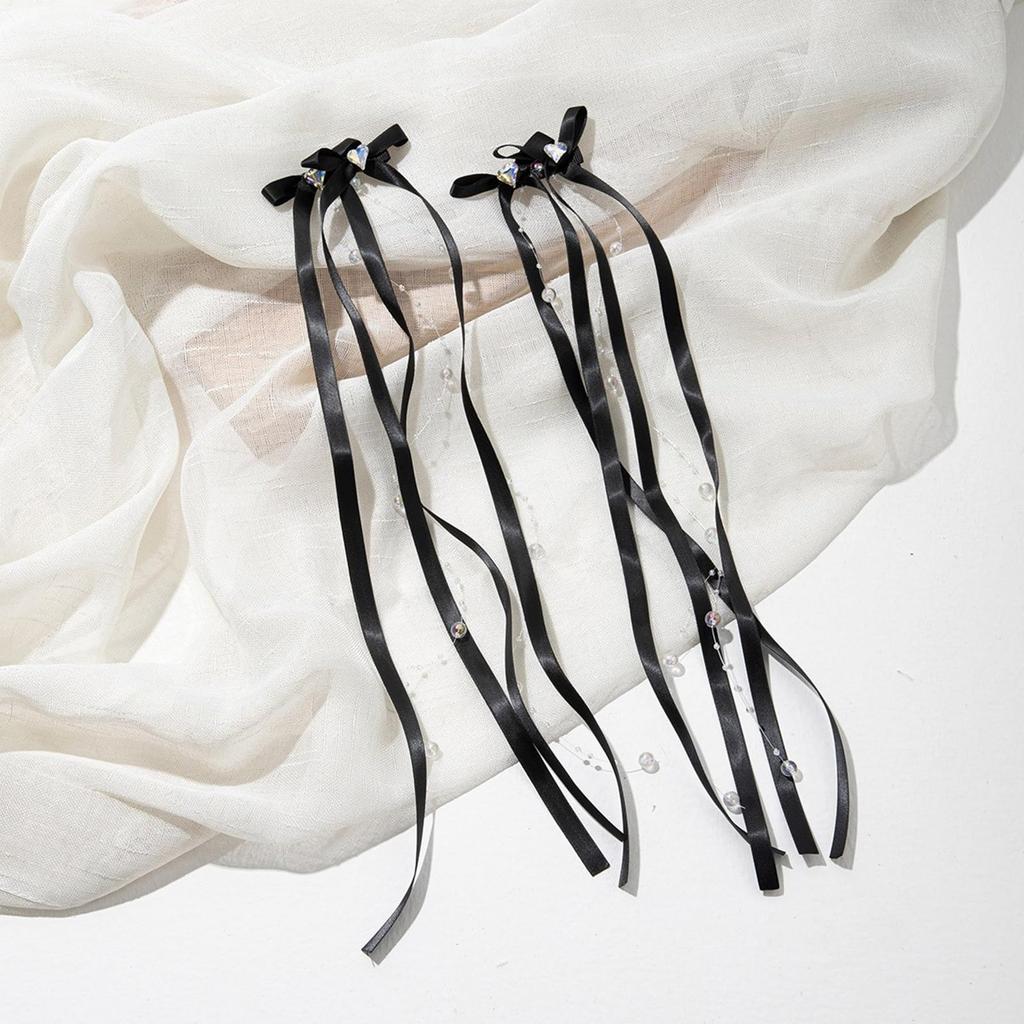 2/6pcs set of sweet style bow Rhine stone hair clips with flowing ribbons, fabric hair clips, solid color hair accessories set