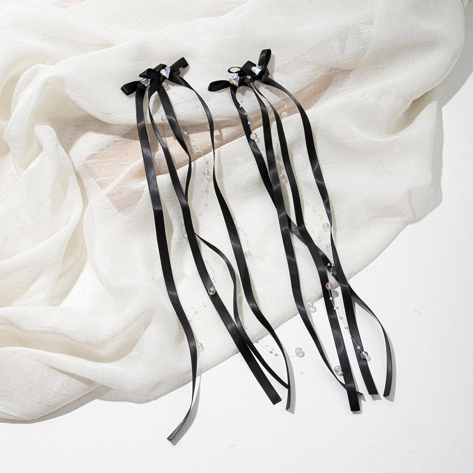 

Набор из 2/6 шт. милых заколок для волос с бантиками и стразами, с ниспадающими лентами, тканевые заколки для волос, однотонный набор аксессуаров для волос