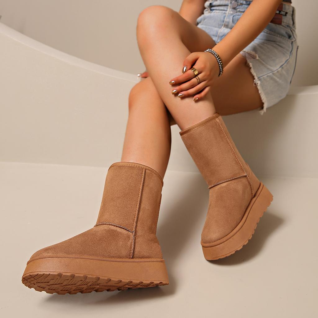 Vinterstövlar till mitten av vaden för kvinnor plusstorlek mockaimitation fluffig plysch enfärgade dam snöstövlar kvinna tjock platå varma stövlar