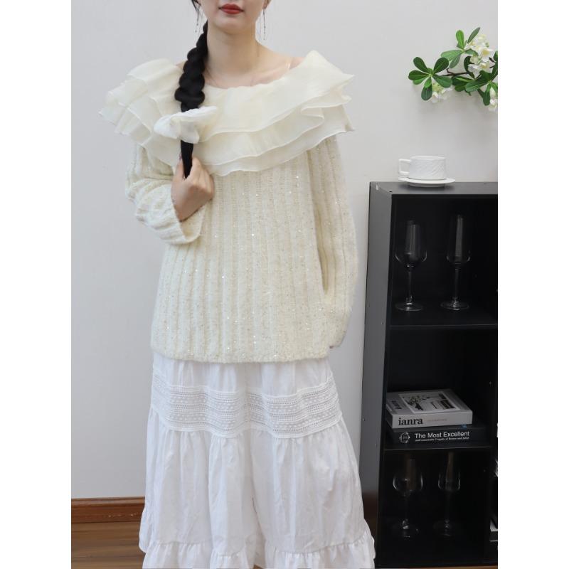 Autumn and winter new models with headrope one-word shoulder ruffle edge knitted sweater top sequined gentle wind sweater pullover woman