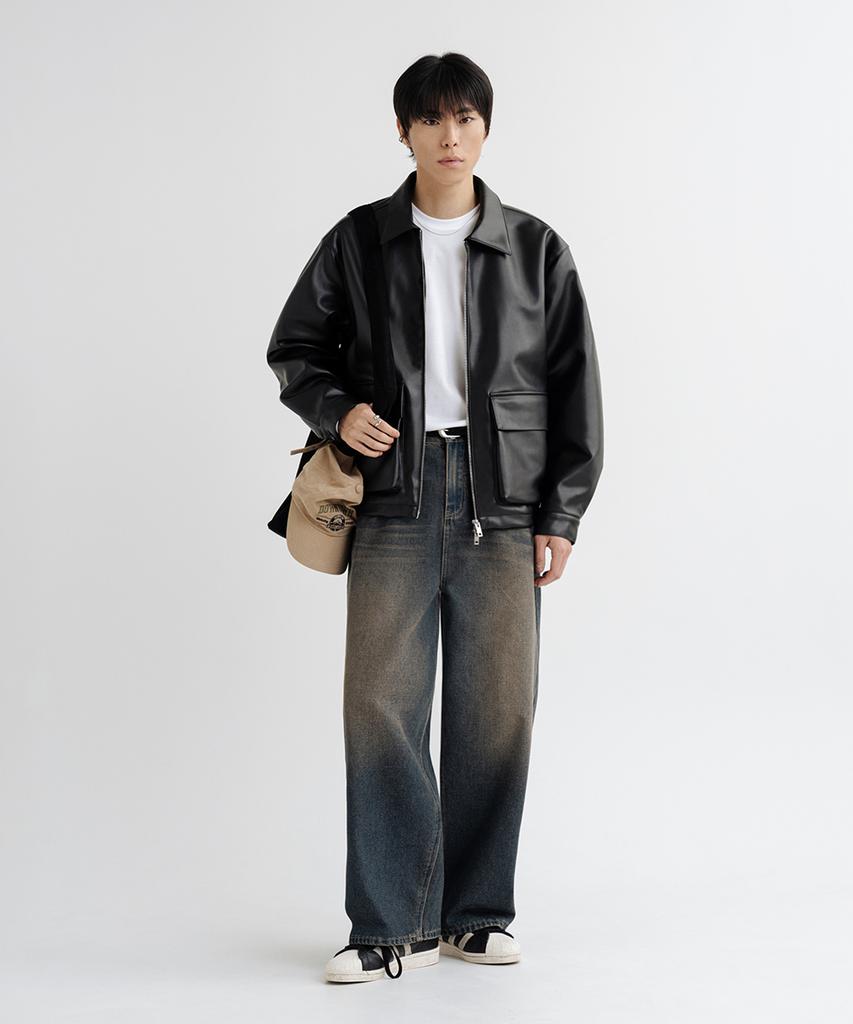 Lemain Second Vegan Leather Oversized Blouson Jacket [Black]
