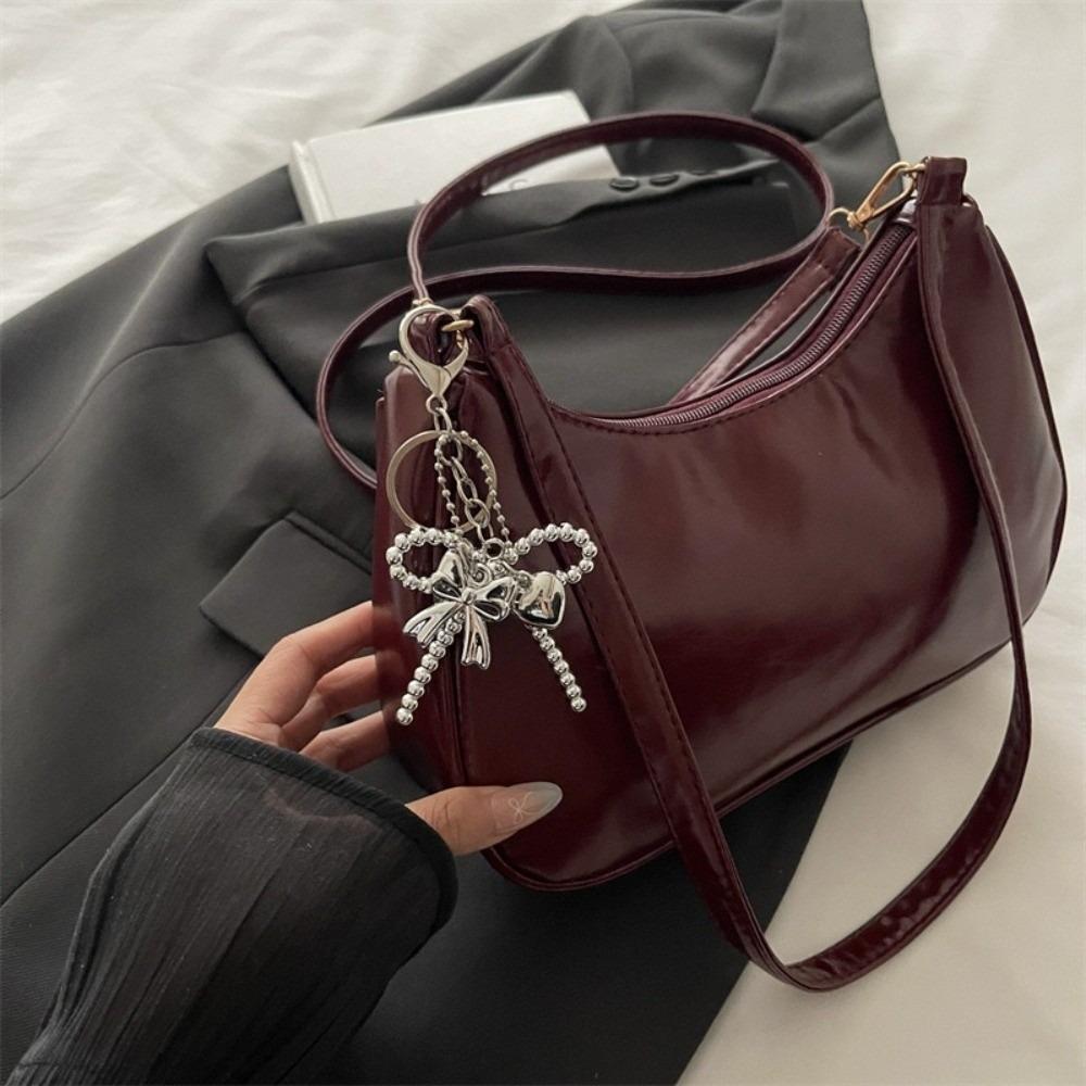 Solid Color Oil Wax Leather Crossbody Bag Elegant Underarm Bag Trendy Crescent Bag  Casual Wear