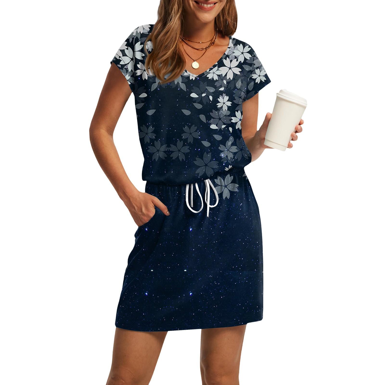 

Жіночі літні сукні з V-подібним вирізом, повсякденні, з короткими рукавами, шнурком і кишенями, вінтажні квіткові XL