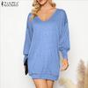 Women V Neck Batwing Sleeve Solid Casual Loose Thin Mini Dress