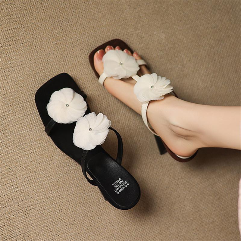 Mode Neue Sommer Hausschuhe Schuhe mit eckiger Spitze für Damen Mode Blume Hohe Absätze Hausschuhe Handgefertigt Klobiger Absatz Gladiatorenschuhe Schwarz